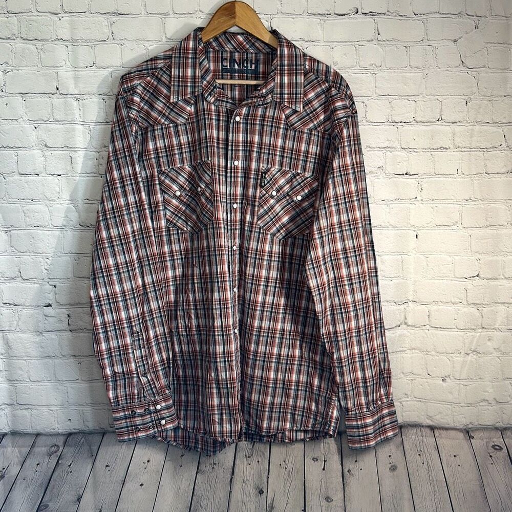 Cinch Men’s Modern Fit‎ Red Orange Plaid Western Shirt L Button Down Cowboy